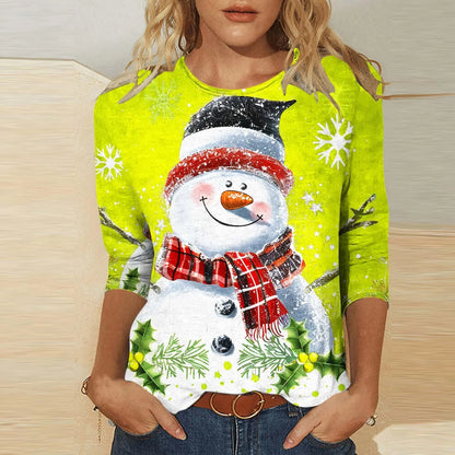 casual snowman christmas top for women soft polyester round neck shirt layered under cardigan for winter walks