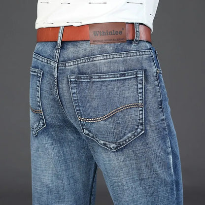 "business casual men's jeans back view showing clean straight leg line and minimal stitching details"