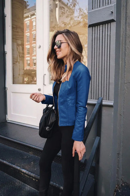 Women PU leather bomber jacket minimalist solid design and zipper accents for quiet luxury street style
