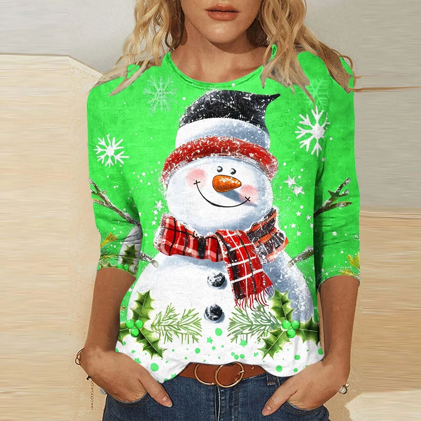 Women's Christmas Snowman Tee – 3D Long Sleeve Glow Top