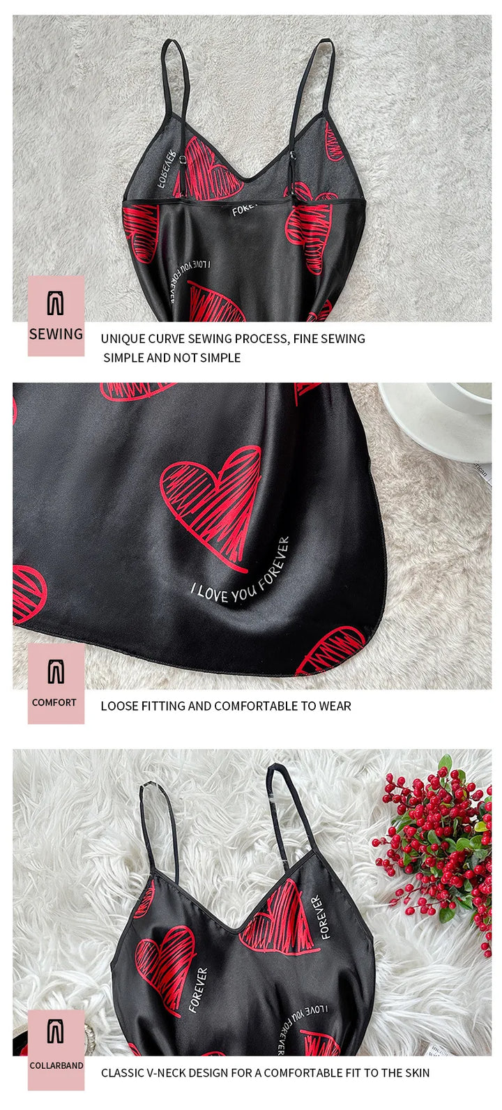 Red Lip Print Satin Slip Nightdress - Backless Mini Lux