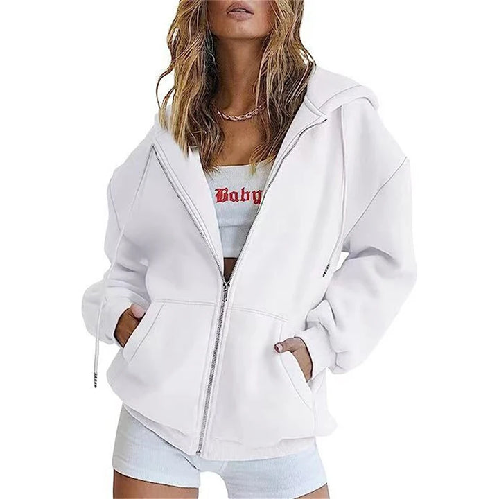 White long sleeve full zip hoodie shown on a model, with original visual details, retained from the original product gallery.