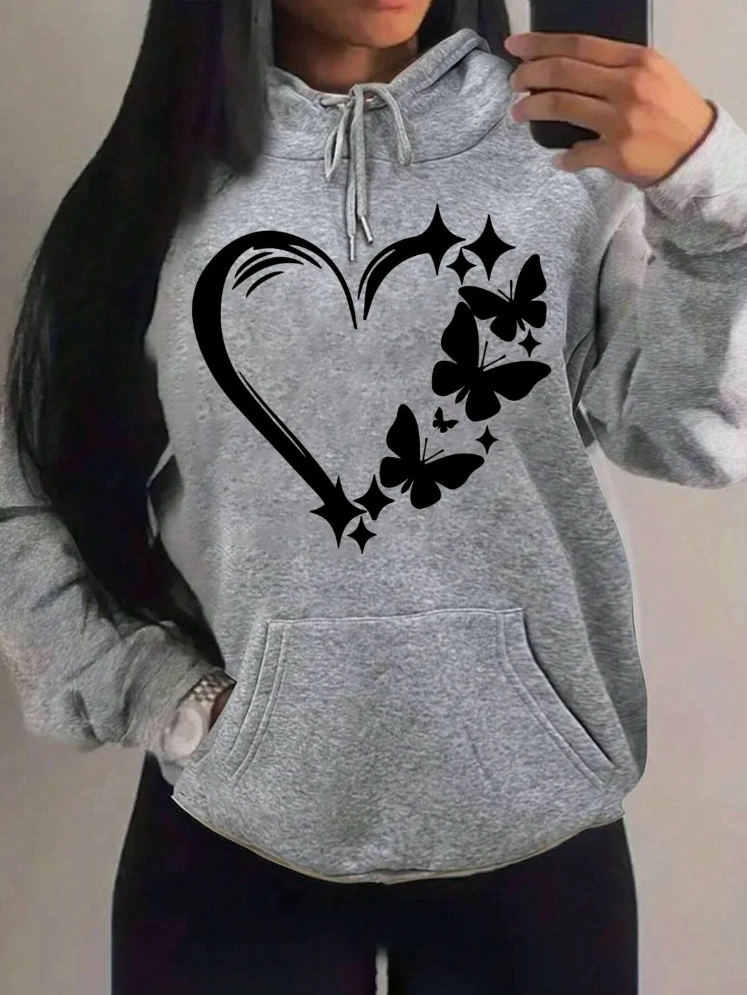 Grey oversized butterfly hoodie women back print large butterfly wings design