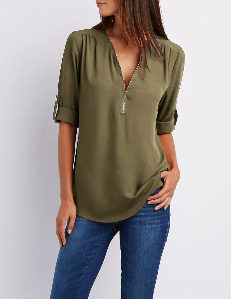 Women’s Deep V Neck Chiffon Blouse – Loose Longline