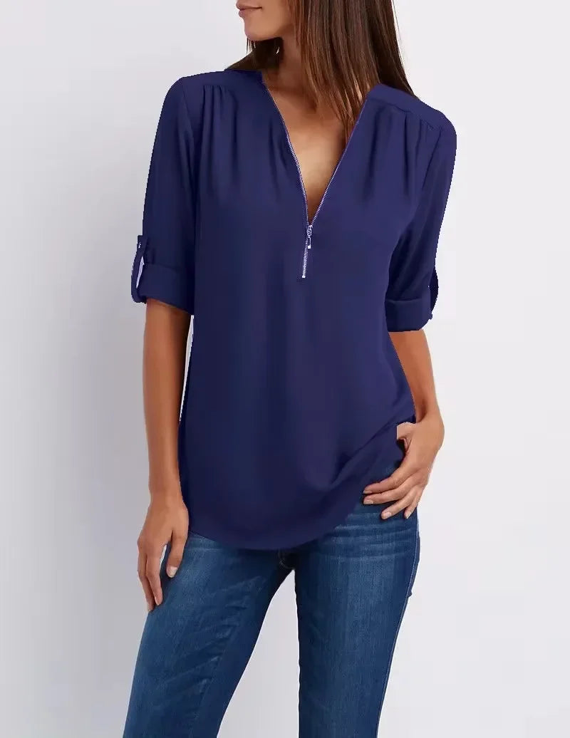 Women’s Deep V Neck Chiffon Blouse – Loose Longline