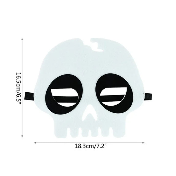 White skull felt mask with round black eye surrounds and a shaped tooth edge, shown with its original width and height labels