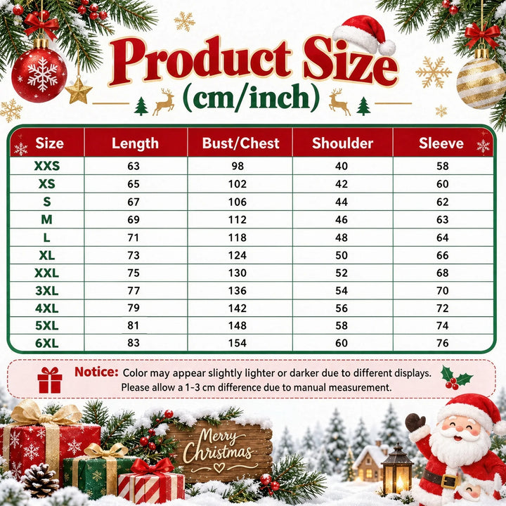 Christmas size chart for this hoodie, with XXS to 6XL bust, shoulder, sleeve and length numbers and manual measurement notes.