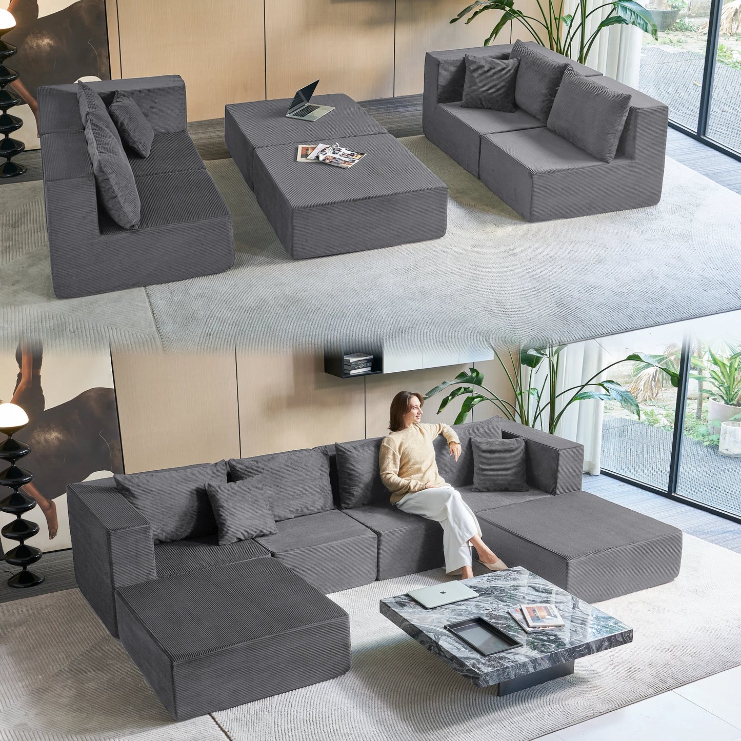gray corduroy modular sectional sofa 6 piece modular design with pillows modern apartment setup