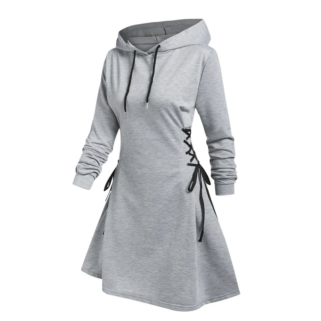 Gray long-sleeve hooded dress with black waist ties, product view