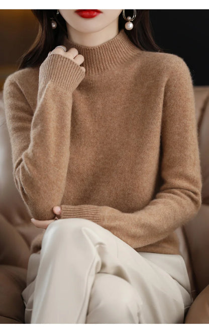 Half high collar women sweater mock neck pullover close-up, high-stretch cuffs and hem for smooth layering fit