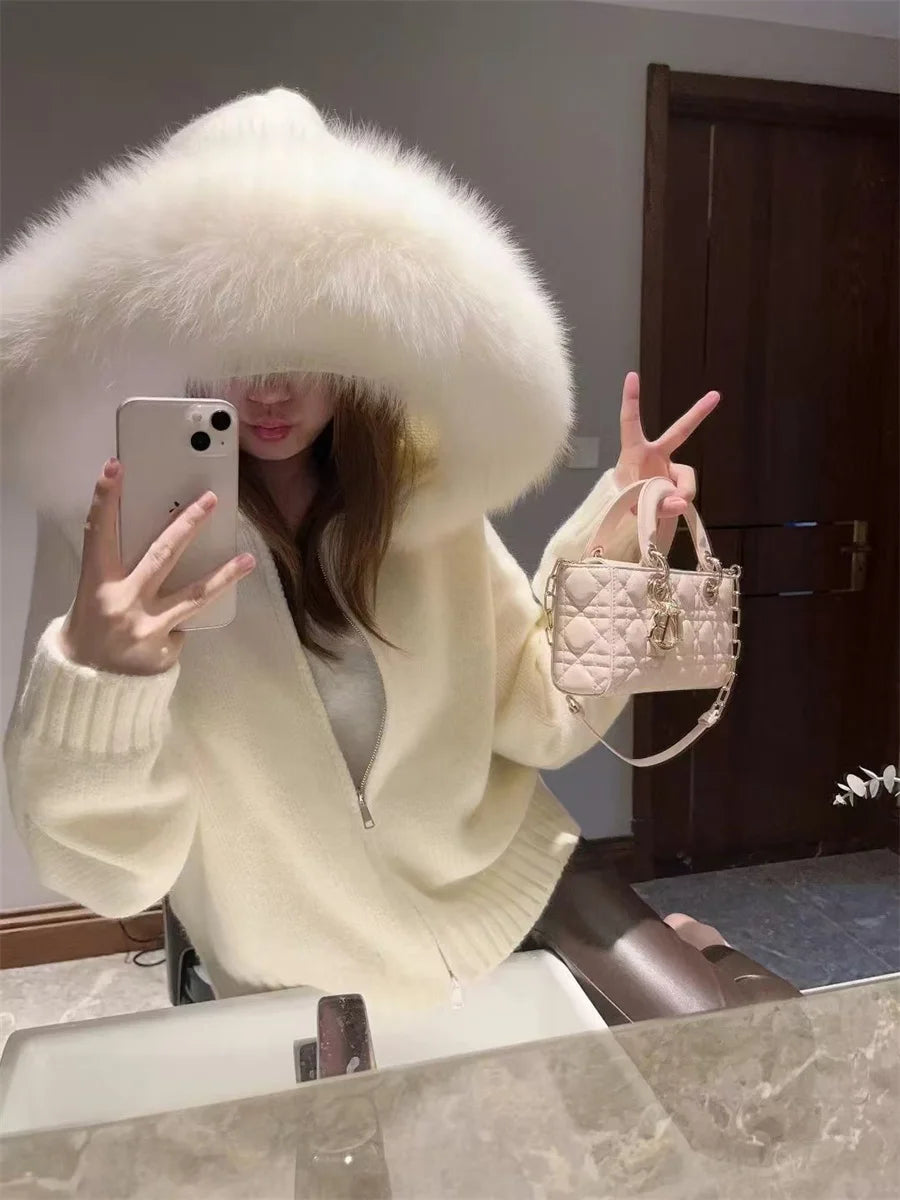 Oversized Hooded Cardigan – Cozy Fake Fur Zip Jacket