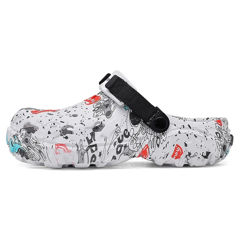 White graffiti clog with a black strap, side view