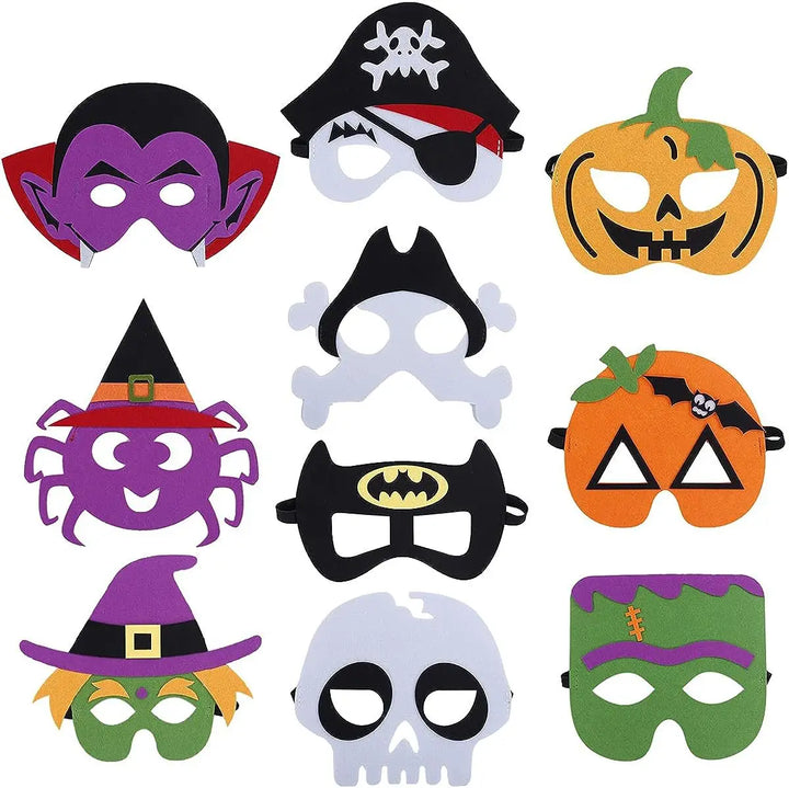 Mixed felt costume masks arranged on white, including vampire, pirate, pumpkin, witch, spider, bat, skull and monster designs
