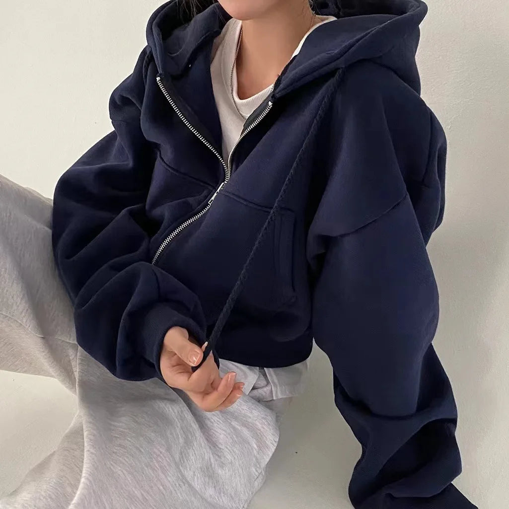 Dark blue cropped full zip hoodie shown on a model, with original visual details, retained from the original product gallery.