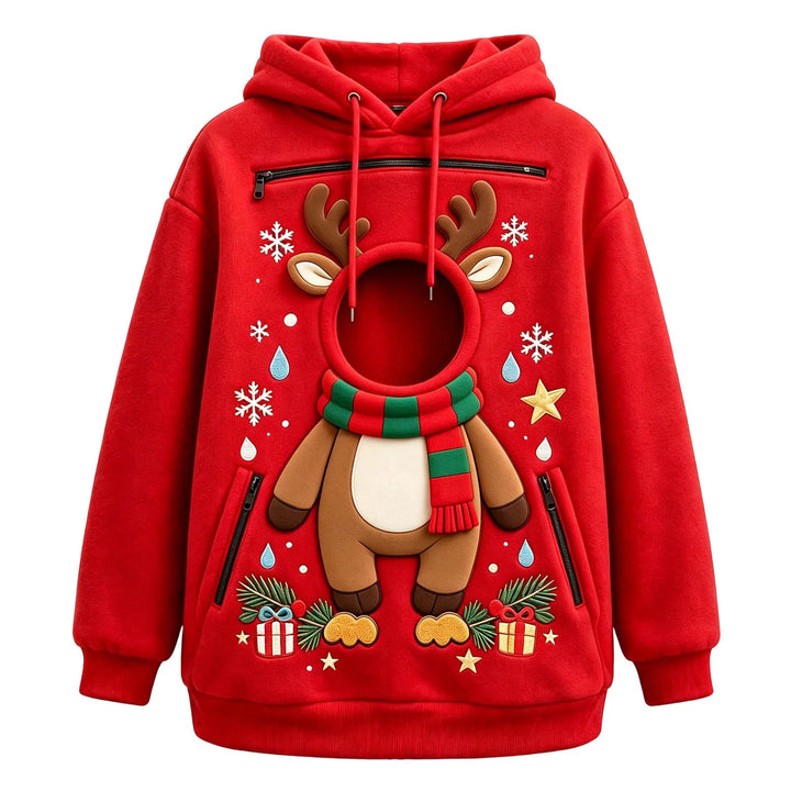 Red reindeer hoodie shown from the front, with a round front opening, long sleeves, a hood and black zipper pockets on white.