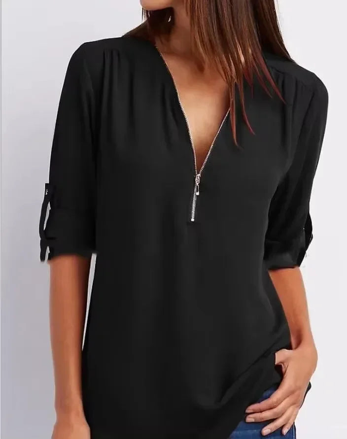 Women’s Deep V Neck Chiffon Blouse – Loose Longline