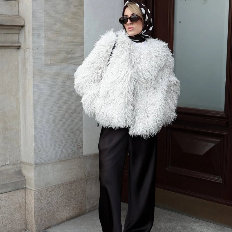 White Cropped Faux Fur Coat - Plush volume, clean-lined