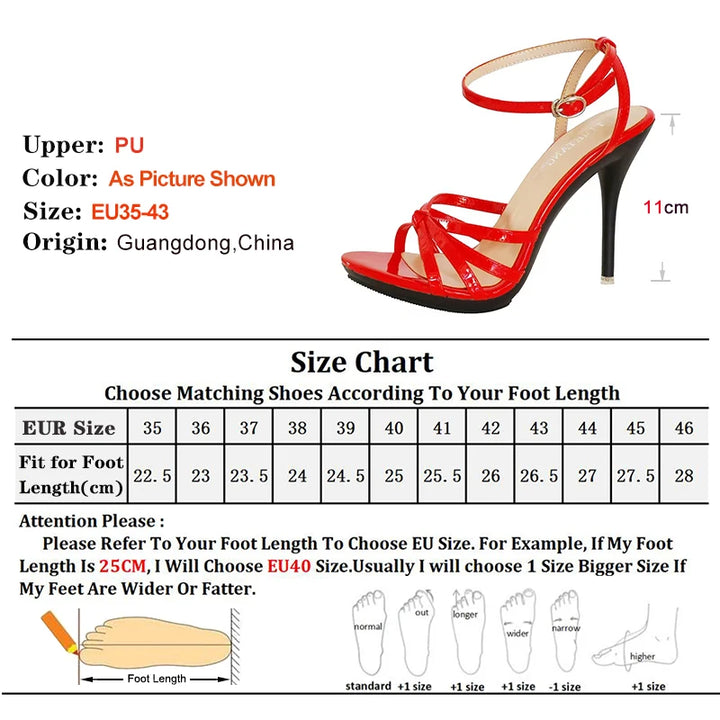 Red high-heeled sandal with size chart and shoe length guide on a white background