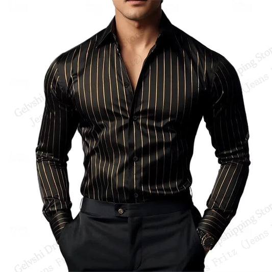 navy blue mens satin shirt striped pattern turn down collar