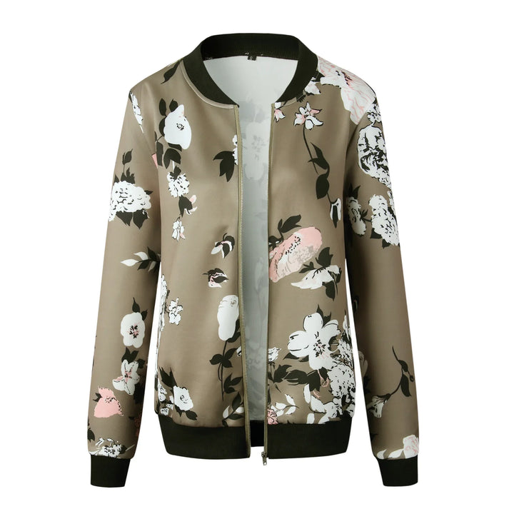 Army Green printed jacket front view on white, with large white flowers, pale pink accents and dark ribbed trim in full view.