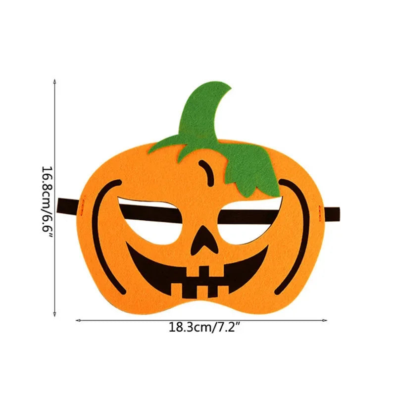Orange smiling pumpkin felt mask with black face details and green stalk, shown with source width and height dimension labels