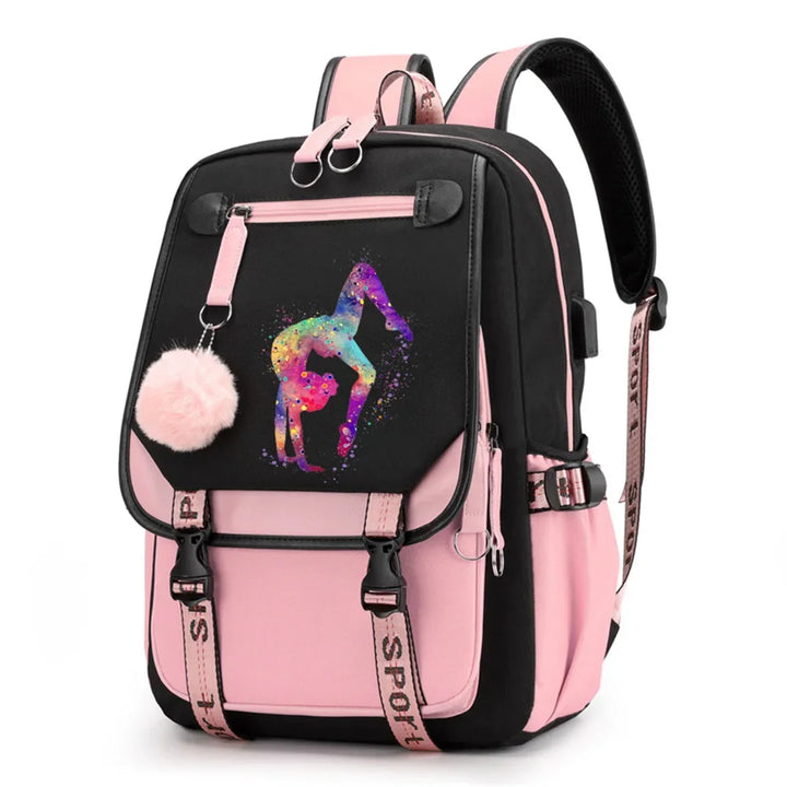 Pink and black backpack in design 1D-35-15 with a colorful gymnast print, buckle straps and pink pendant, shown against white