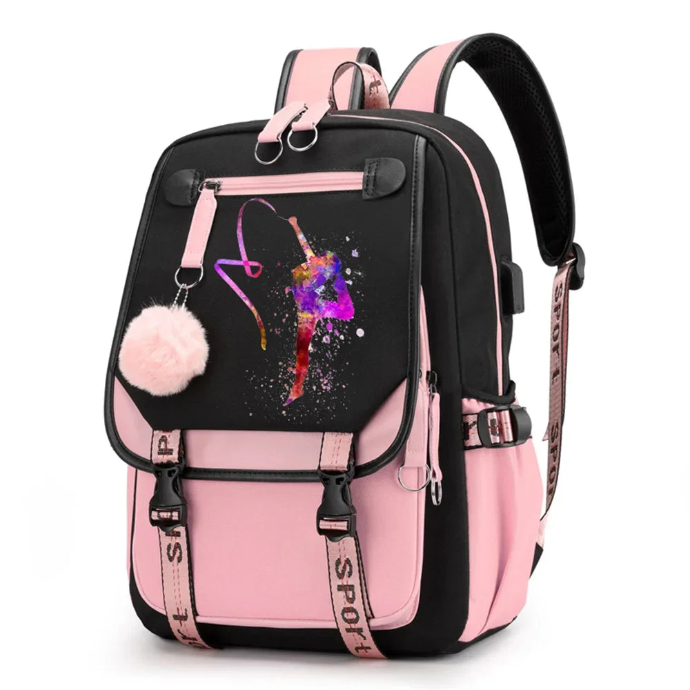 Pink and black backpack in design 1D-35-6 with a colorful gymnast print, buckle straps and pink pendant, shown against white.