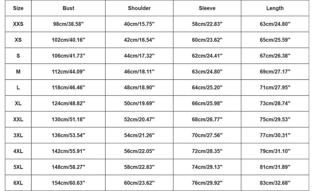 Supplier size chart for the hoodie, showing bust, shoulder, sleeve and length measurements in cm and inches, from XXS to 6XL.