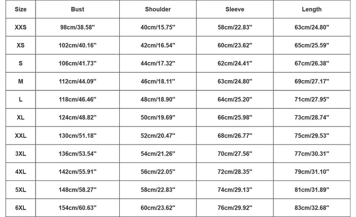 Supplier size chart for the hoodie, showing bust, shoulder, sleeve and length measurements in cm and inches, from XXS to 6XL.