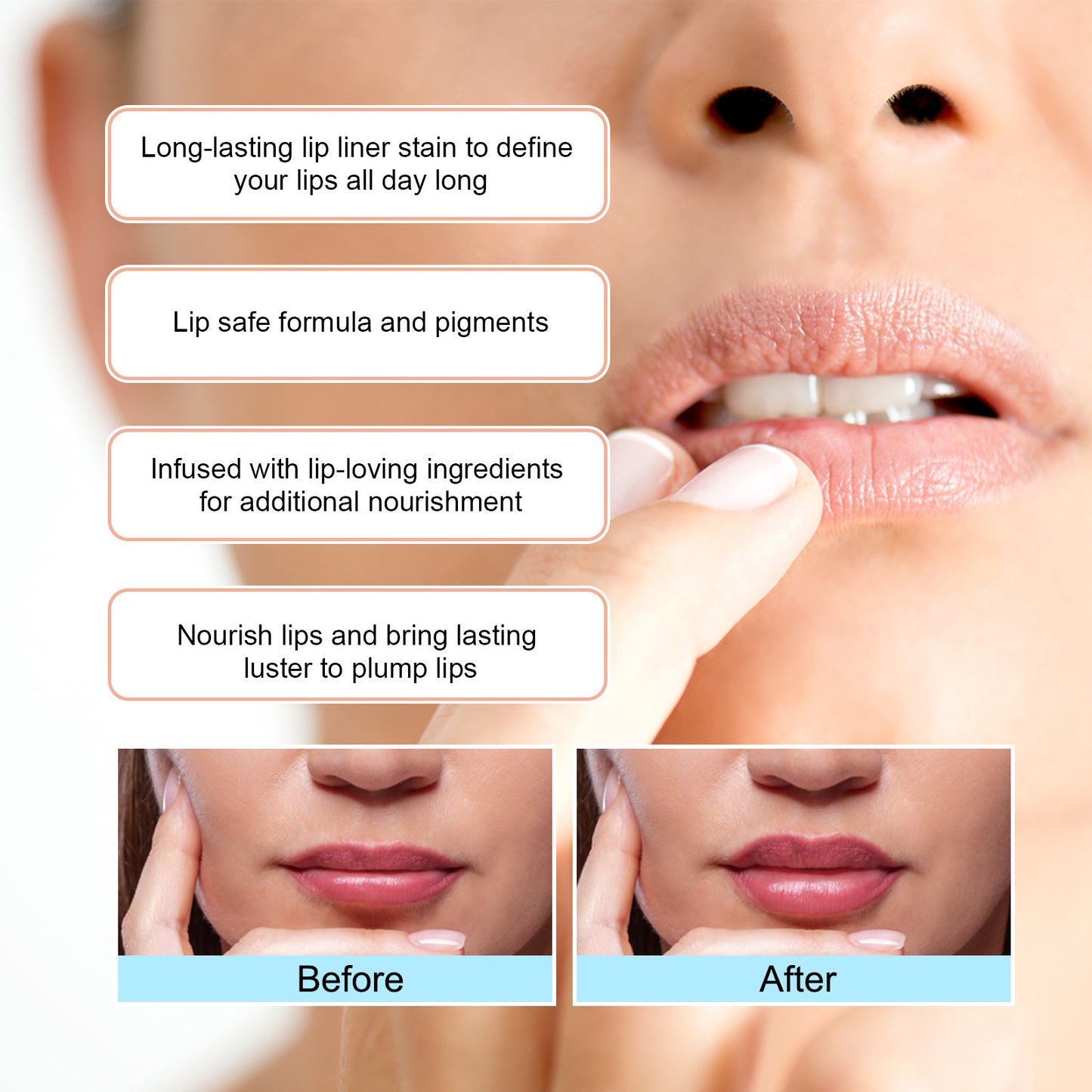 See the incredible before-and-after results using the Dark Brown Waterproof Lip Liner for perfectly sculpted, defined lips.

