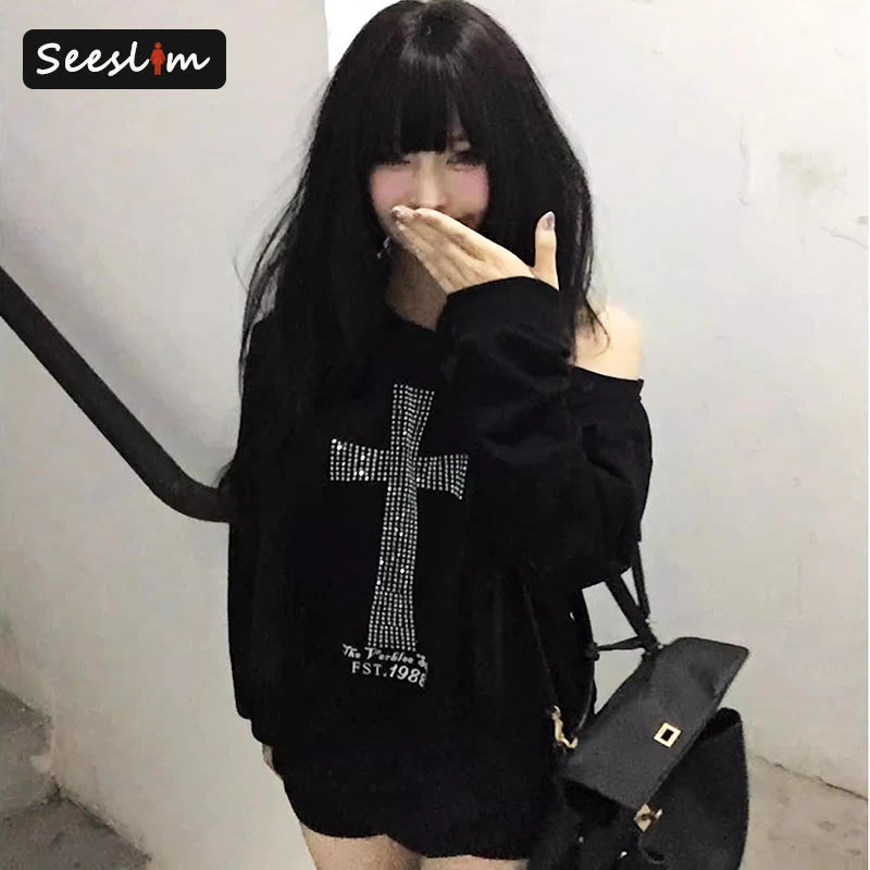 Seeslim Y2K Women's One-Shoulder Graphic Hoodie