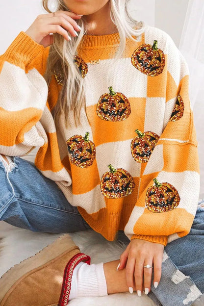 Sequin Pumpkin Checkered Sweater for Women – Fall Essential