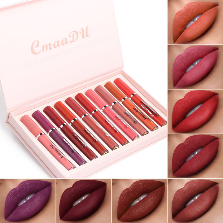 Set of 10 Non-Stick Waterproof Matte Lipstick Shades Displayed on Elegant Packaging