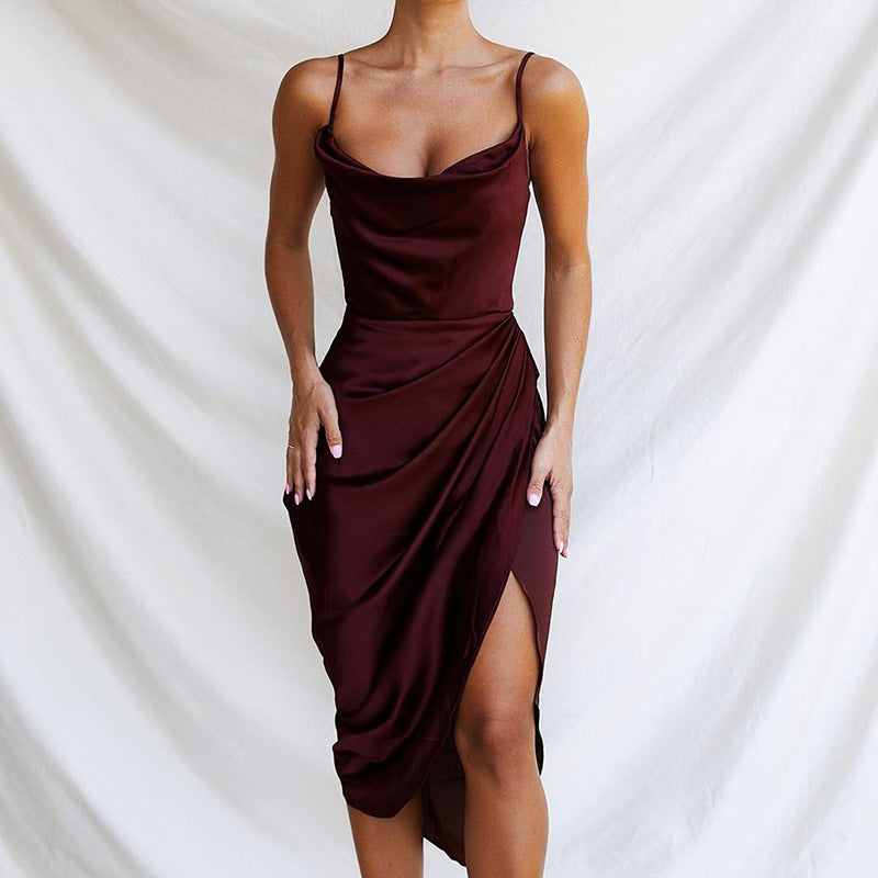 Sexy Slit Satin Dress in wine red – cocktail hour essential
