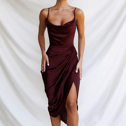 Sexy Slit Satin Dress in wine red – cocktail hour essential