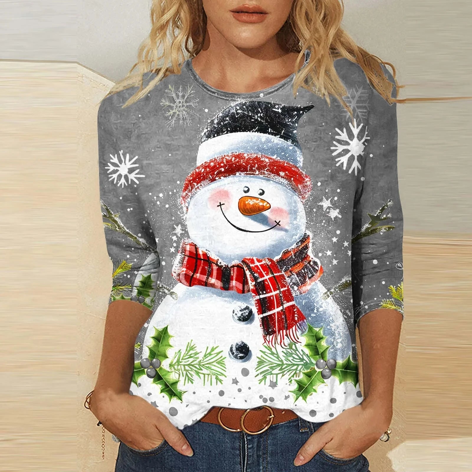 3d christmas snowman shirt womens plus size option in burgundy with glitter effect snowflakes for office parties