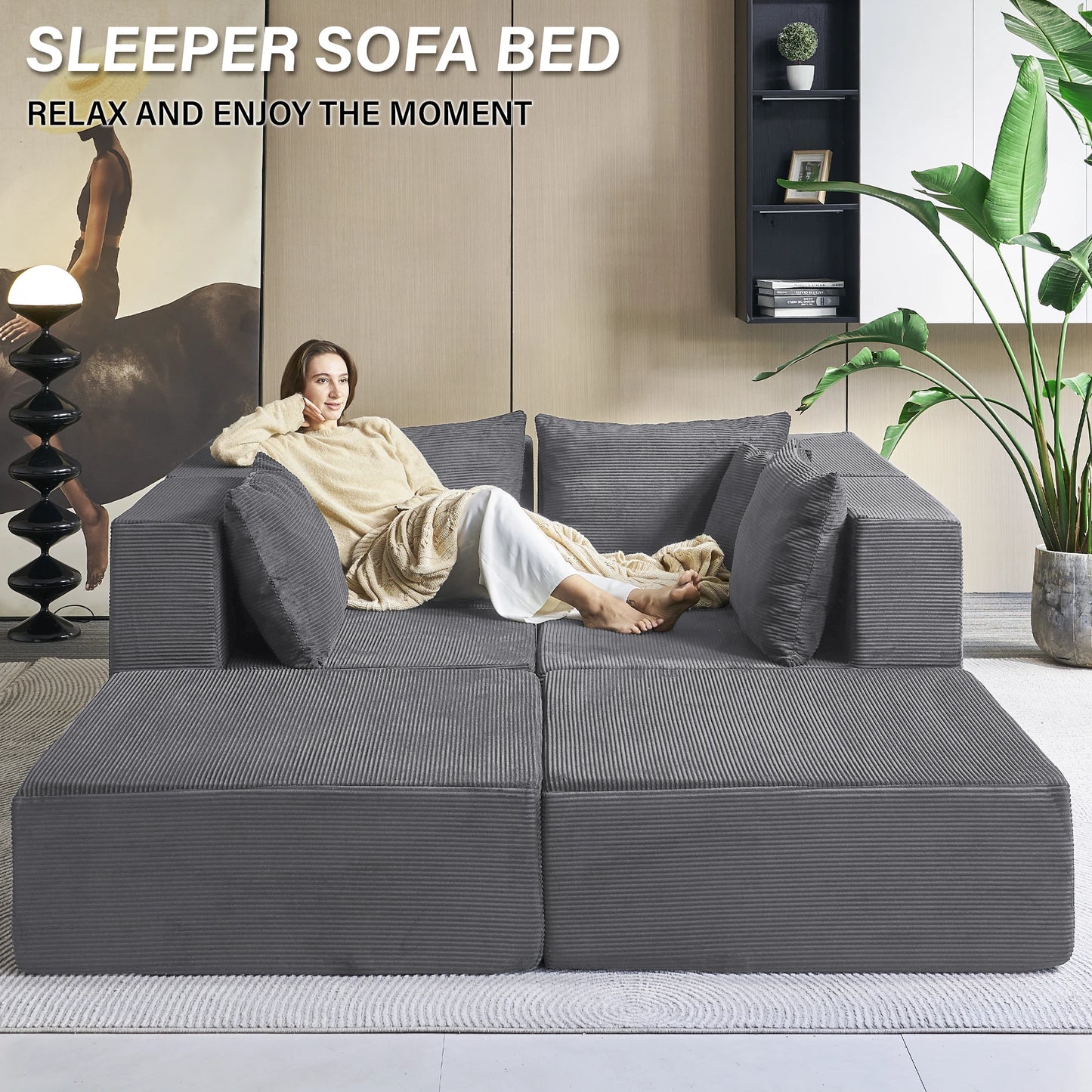 corduroy modular sectional sofa L-shape with storage ottomans cozy modern interior deep seat sleeper