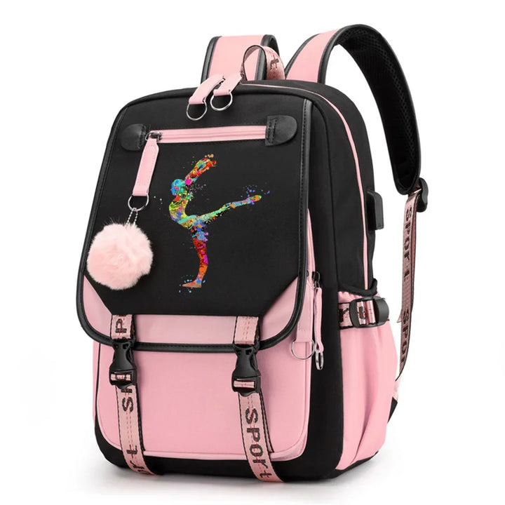 Pink and black backpack in design 1D-35-7 with a colorful gymnast print, buckle straps and pink pendant, shown against white.