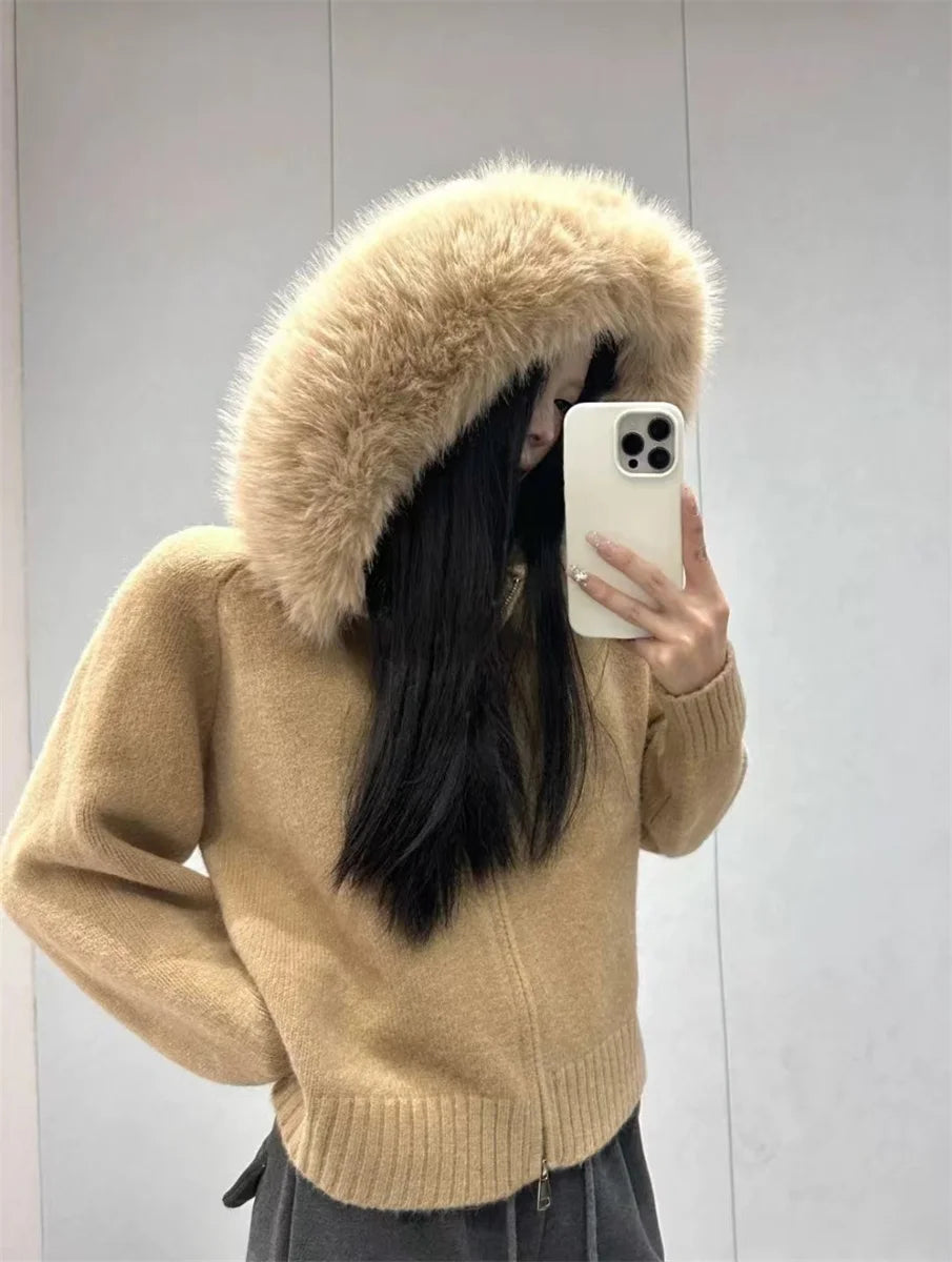 Oversized Hooded Cardigan – Cozy Fake Fur Zip Jacket