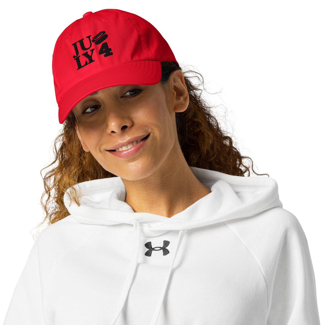 Side-by-side portrait of models showcasing red and white Unisex Under Armour® Dad Hats with adjustable cloth strap closures

