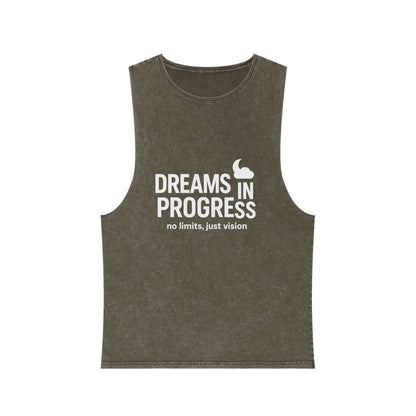Stonewash motivational tank top with slogan print