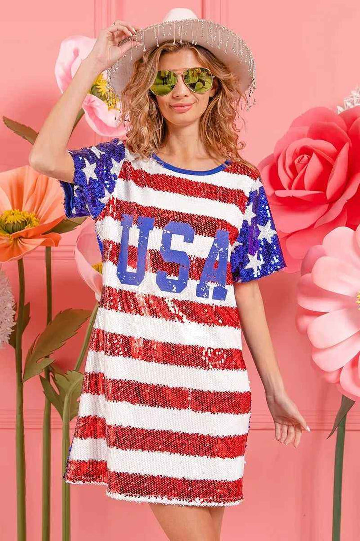 USA Flag Sequin Dress - Patriotic Sparkle for July 4th