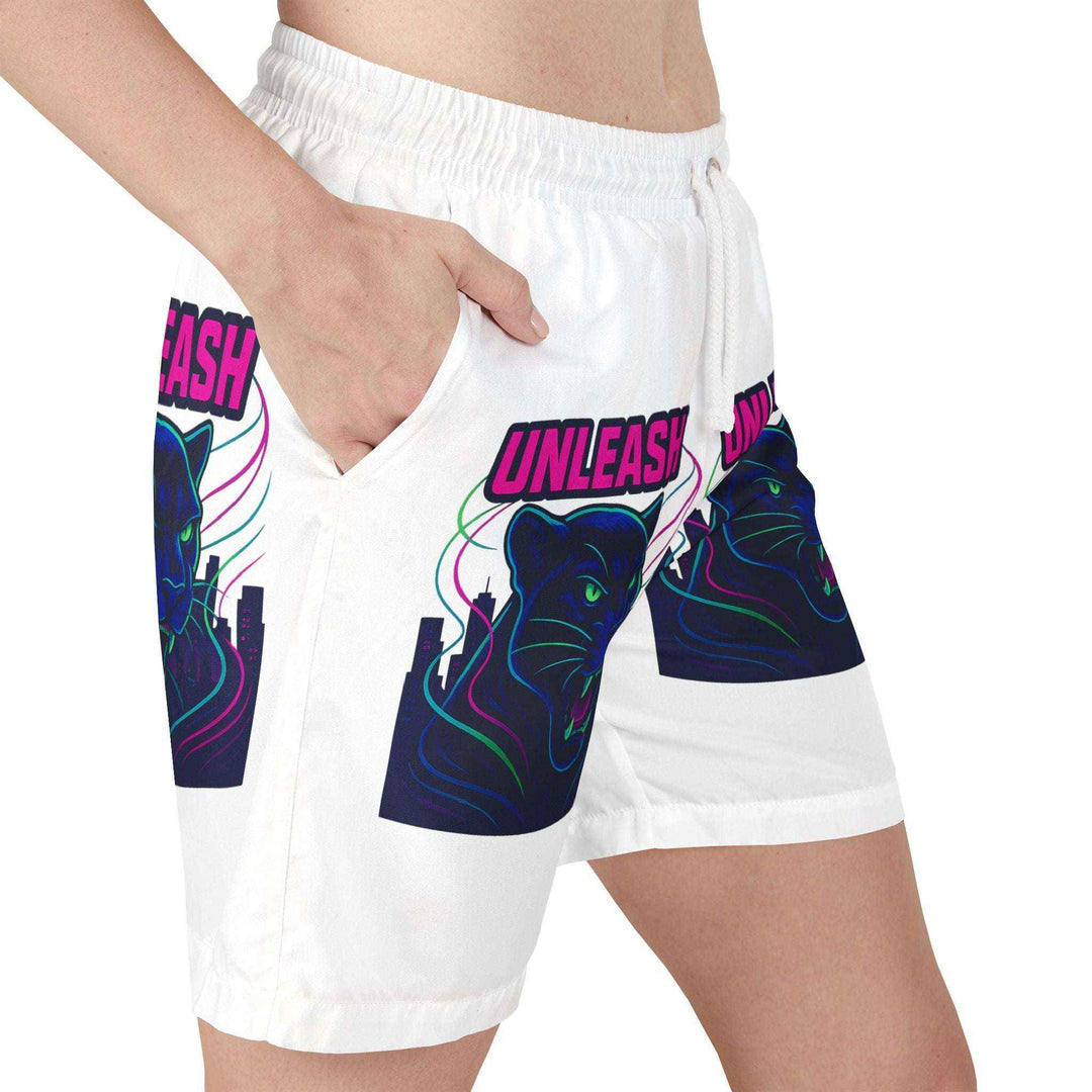 Sophisticated swim shorts displayed in tropical setting
