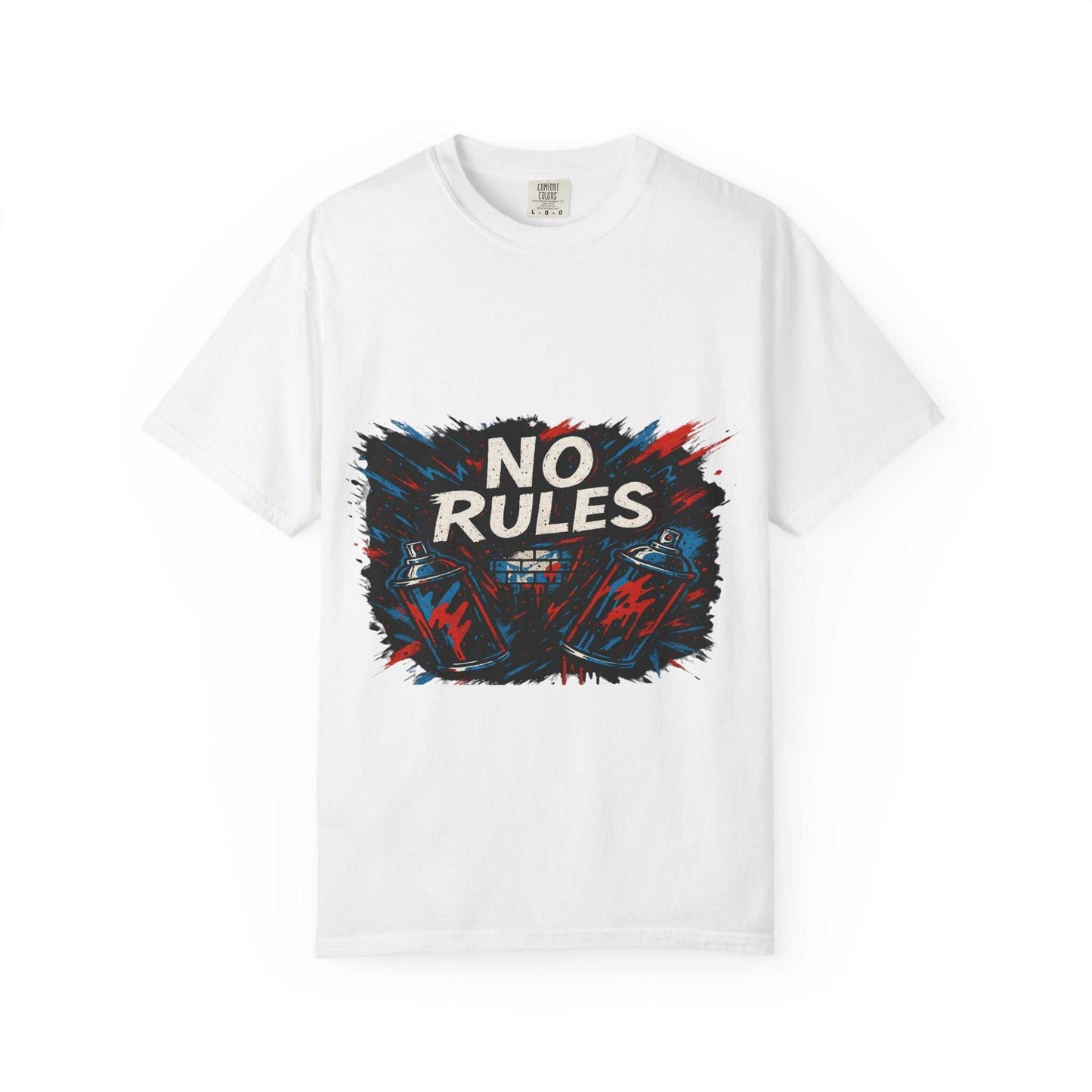 White unisex tee with No Rules spray paint graphic