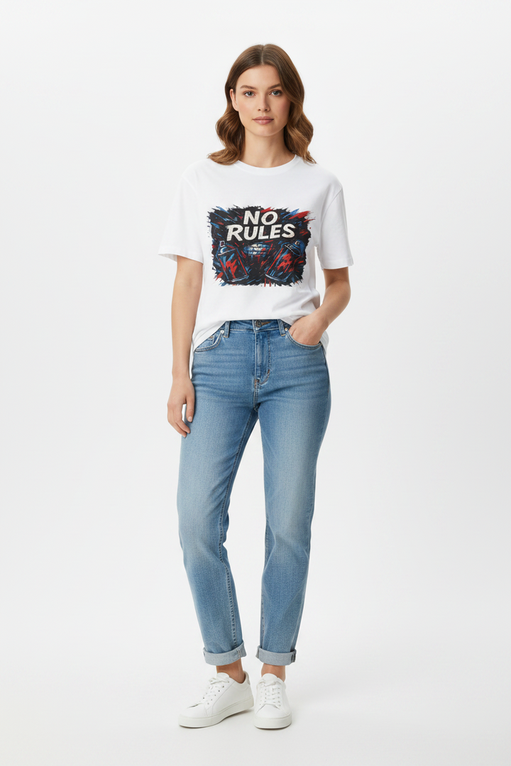 Front view of a garment-dyed unisex graphic tee with bold No Rules text