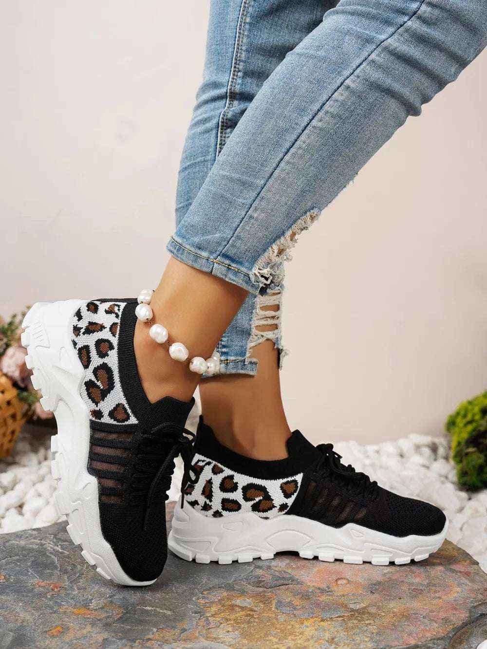 Leopard Cutout Mesh Lace-Up Sneakers - Stylish Flats
