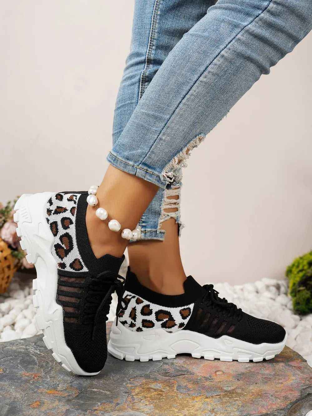 Leopard Cutout Mesh Lace-Up Sneakers - Stylish Flats