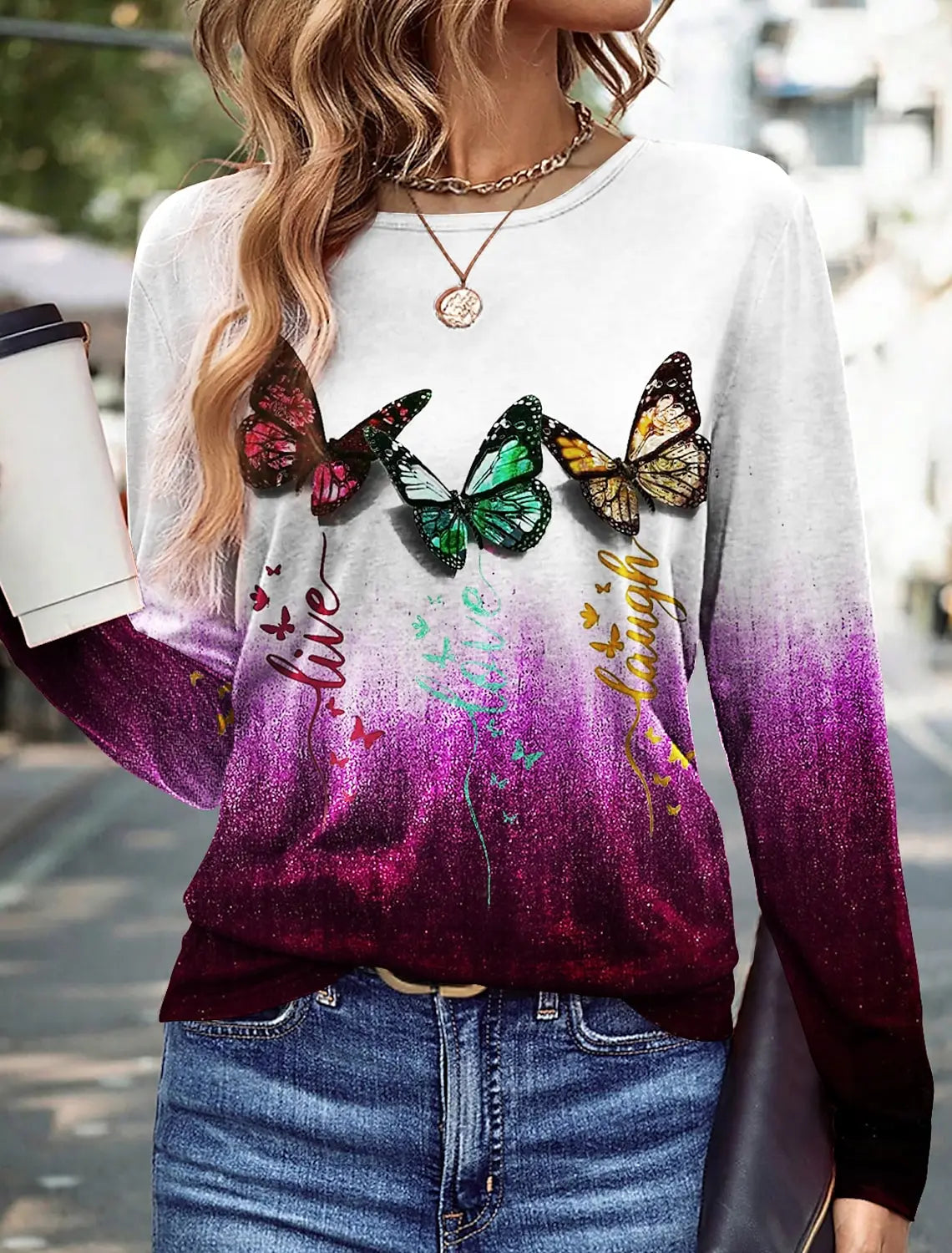 Side Profile Highlighting Regular Fit of Floral Butterfly 3D Print Long Sleeve Women's Shirt