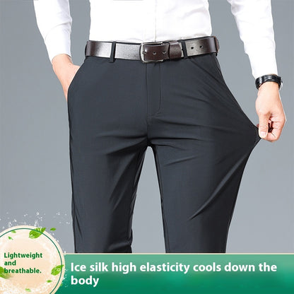 Side View of Navy High Elastic Jinammonia Ice Silk Casual Pants – High Elasticity for Active Lifestyles