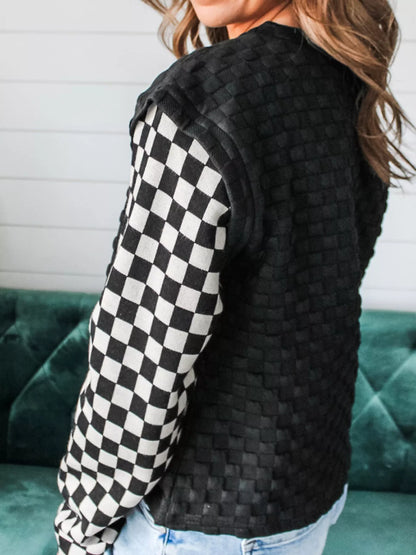Side profile – checkered patchwork long sleeve top easy drape